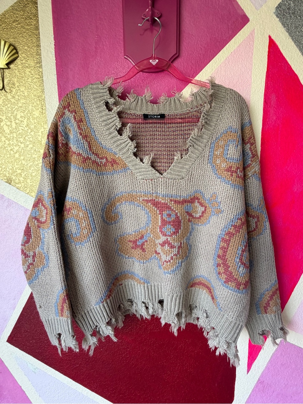 Storia Distressed Paisley V-Neck Sweater Fringe Hem Sz S